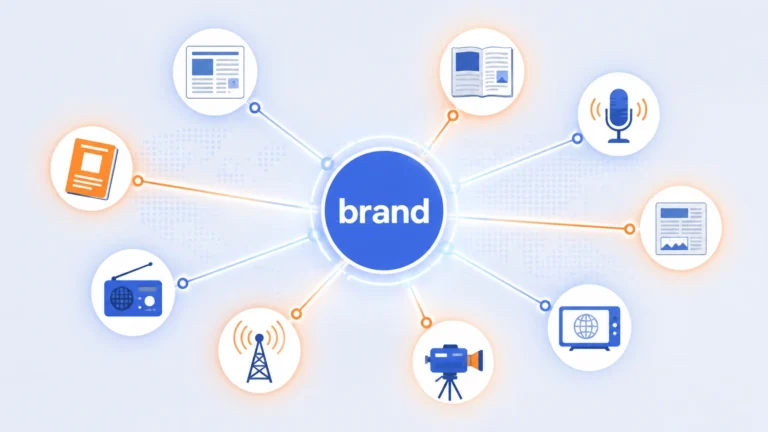 A central brand connected by lines to many surrounding news and media icons, illustrating that AI draws on third-party coverage to recognise a brand.