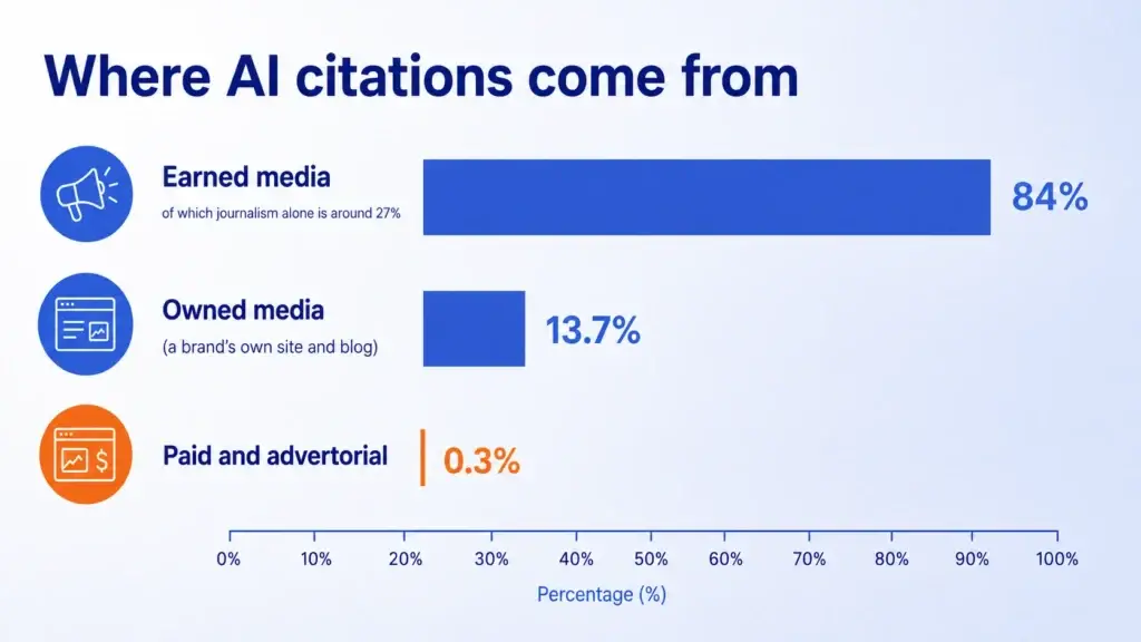 Bar chart showing earned media accounts for around 84% of AI citations, a brand's own owned media 13.7%, and paid or advertorial content just 0.3%.